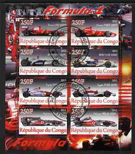 Congo 2012 Formula 1 perf sheetlet containing 8 values fine cto used, stamps on cars, stamps on  f1 , stamps on formula 1, stamps on racing cars, stamps on ferrari