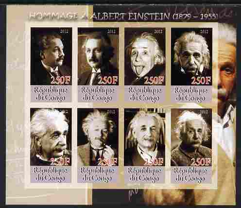 Congo 2012 Albert Einstein imperf sheetlet containing 8 values unmounted mint , stamps on personalities, stamps on einstein, stamps on science, stamps on physics, stamps on nobel, stamps on maths, stamps on space, stamps on judaica, stamps on atomics, stamps on mathematics, stamps on judaism
