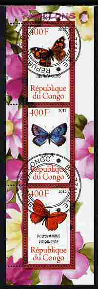 Congo 2012 Butterflies #1 perf sheetlet containing 3 values fine cto used, stamps on butterflies