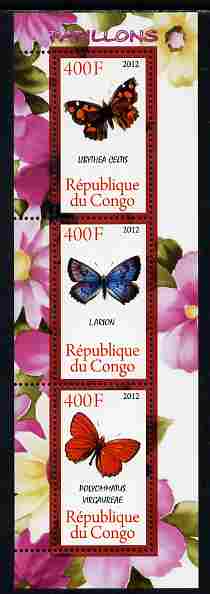 Congo 2012 Butterflies #1 perf sheetlet containing 3 values unmounted mint , stamps on butterflies
