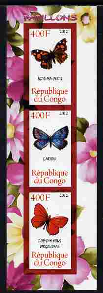Congo 2012 Butterflies #1 imperf sheetlet containing 3 values unmounted mint , stamps on butterflies
