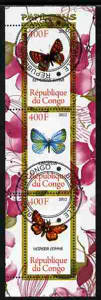 Congo 2012 Butterflies #2 perf sheetlet containing 3 values fine cto used, stamps on , stamps on  stamps on butterflies