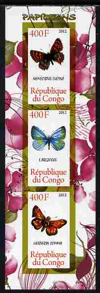 Congo 2012 Butterflies #2 imperf sheetlet containing 3 values unmounted mint , stamps on butterflies
