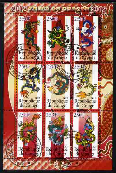 Congo 2012 Chinese New year - Year of the Dragon perf sheetlet containing 9 values fine cto used, stamps on lunar, stamps on dragons