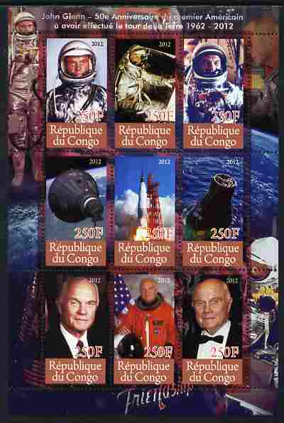 Congo 2012 Space - John Glenn perf sheetlet containing 9 values unmounted mint , stamps on , stamps on  stamps on personalities, stamps on  stamps on space, stamps on  stamps on rockets, stamps on  stamps on 