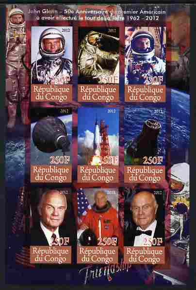 Congo 2012 Space - John Glenn imperf sheetlet containing 9 values unmounted mint , stamps on personalities, stamps on space, stamps on rockets, stamps on 