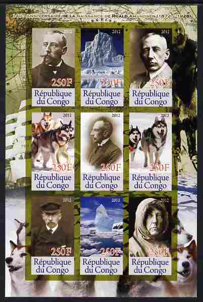 Congo 2012 Roald Amundsen imperf sheetlet containing 9 values unmounted mint , stamps on , stamps on  stamps on personalities, stamps on  stamps on explorers, stamps on  stamps on polar, stamps on  stamps on dogs, stamps on  stamps on 