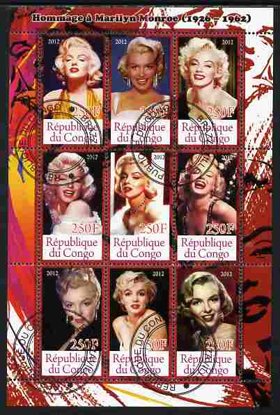 Congo 2012 Marilyn Monroe perf sheetlet containing 9 values fine cto used, stamps on , stamps on  stamps on personalities, stamps on  stamps on films, stamps on  stamps on cinema, stamps on  stamps on movies, stamps on  stamps on music, stamps on  stamps on marilyn, stamps on  stamps on monroe