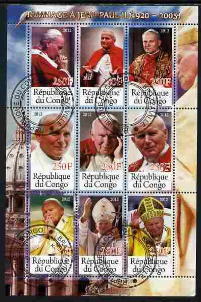 Congo 2012 Pope John Paul II perf sheetlet containing 9 values fine cto used, stamps on personalities, stamps on pope, stamps on popes, stamps on religion