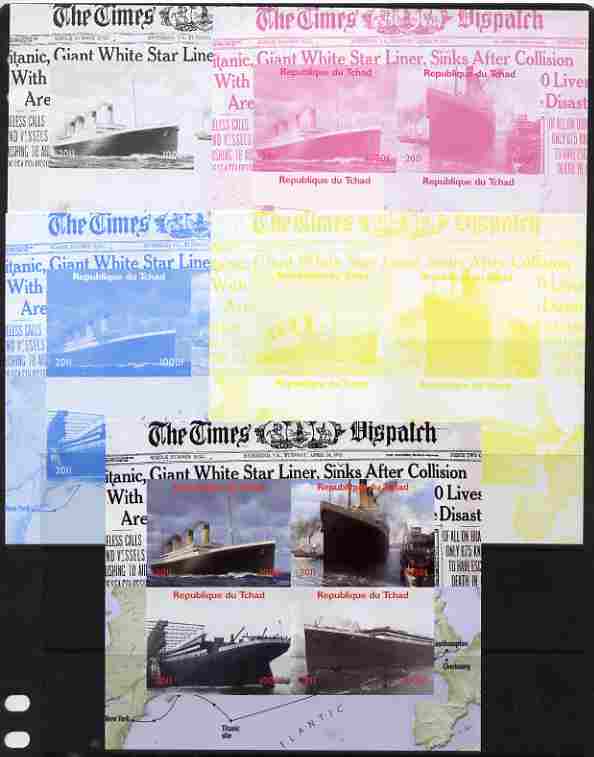 Chad 2011 The Titanic - 100th Anniversary sheetlet containing 4 values - the set of 5 imperf progressive proofs comprising the 4 individual colours plus all 4-colour composite, unmounted mint , stamps on ships, stamps on disasters, stamps on newspapers, stamps on titanic
