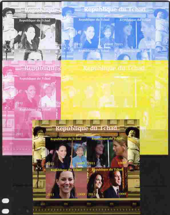 Chad 2011 Royal Visits - Kate & William sheetlet containing 4 values - the set of 5 imperf progressive proofs comprising the 4 individual colours plus all 4-colour compos..., stamps on royal visits, stamps on kate, stamps on william, stamps on royalty