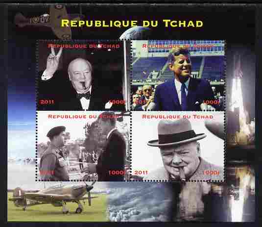 Chad 2011 Churchill & Kennedy perf sheetlet containing 4 values unmounted mint. Note this item is privately produced and is offered purely on its thematic appeal. , stamps on personalities, stamps on kennedy, stamps on usa presidents, stamps on americana, stamps on churchill, stamps on constitutions, stamps on  ww2 , stamps on masonry, stamps on masonics, stamps on aviation, stamps on spitfires, stamps on shuttle