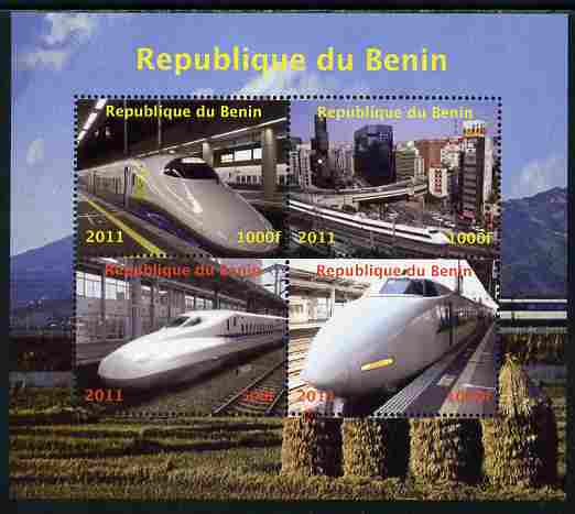 Benin 2011 Japanese High Speed Trains perf sheetlet containing 4 values unmounted mint. Note this item is privately produced and is offered purely on its thematic appeal , stamps on , stamps on  stamps on railways