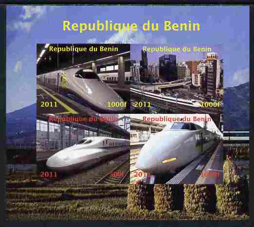 Benin 2011 Japanese High Speed Trains imperf sheetlet containing 4 values unmounted mint. Note this item is privately produced and is offered purely on its thematic appea..., stamps on railways