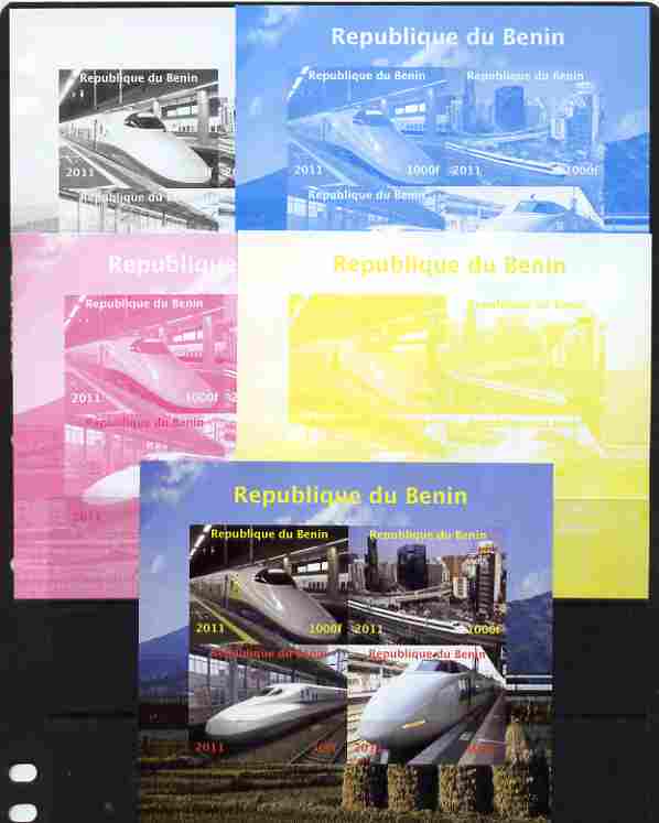 Benin 2011 Japanese High Speed Trains sheetlet containing 4 values - the set of 5 imperf progressive proofs comprising the 4 individual colours plus all 4-colour composit..., stamps on railways