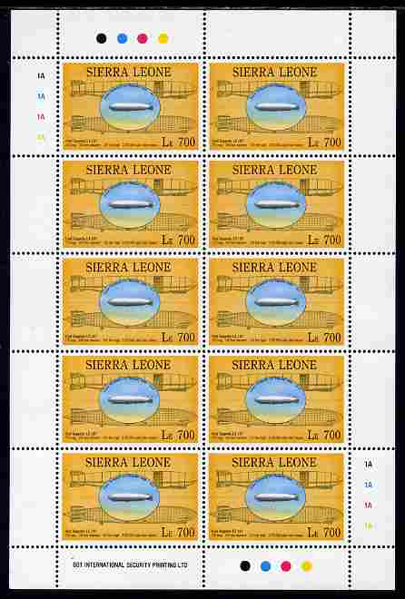 Sierra Leone 1992 Anniversaries & Events - Graf Zeppelin 700L in complete perf sheetlet of 10 unmounted mint SG 1953, stamps on aviation, stamps on airships, stamps on zeppelins