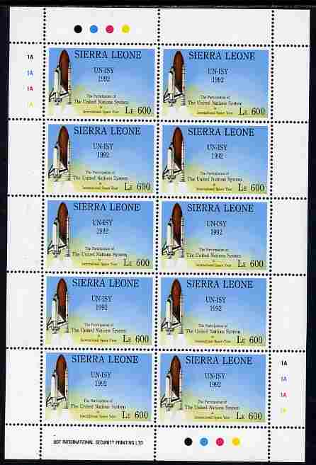 Sierra Leone 1992 Anniversaries & Events - UN International Space Year - Space Shuttle 600L in complete perf sheetlet of 10 unmounted mint SG 1952, stamps on space, stamps on shuttle, stamps on united nations
