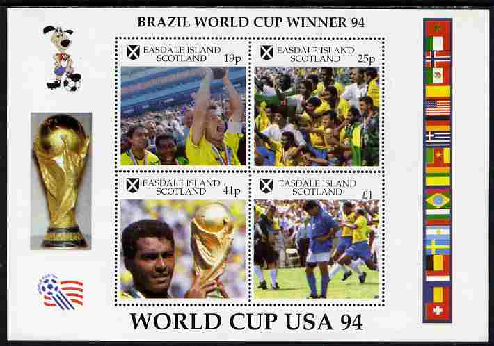 Easdale 1994 Football World Cup - Brazil Winners perf sheetlet containing 4 values, unmounted mint , stamps on football