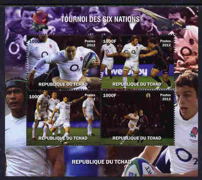 Chad 2012 Rugby Six Nations Tournament #2 perf sheetlet containing 4 values, unmounted mint. Note this item is privately produced and is offered purely on its thematic appeal. , stamps on rugby