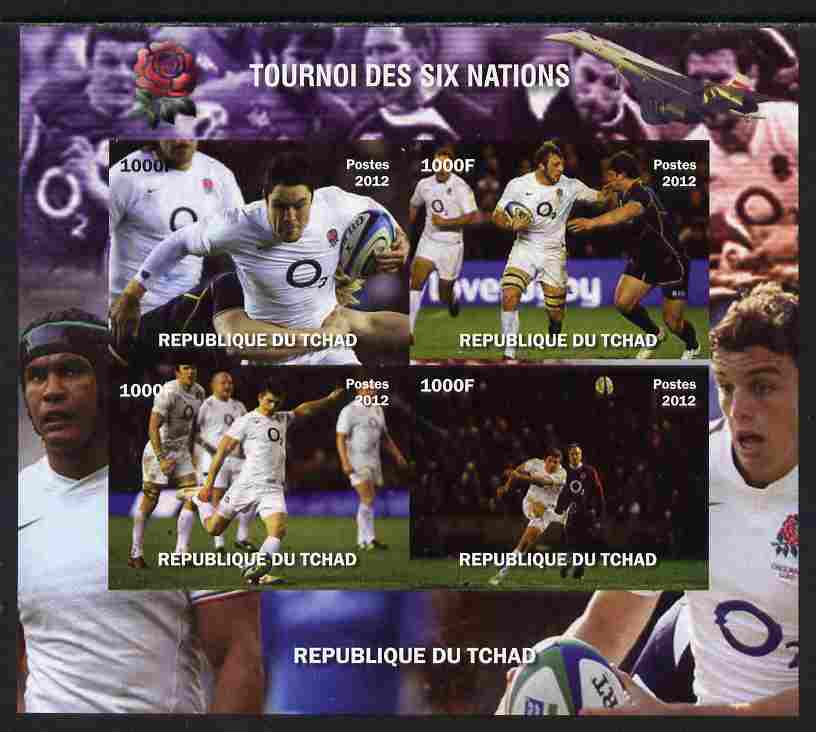 Chad 2012 Rugby Six Nations Tournament #21 imperf sheetlet containing 4 values, unmounted mint. Note this item is privately produced and is offered purely on its thematic..., stamps on rugby