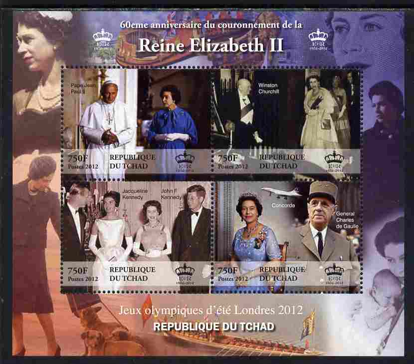 Chad 2012 60th Anniversary of the Reign of Queen Elizabeth perf sheetlet containing 4 values, unmounted mint. Note this item is privately produced and is offered purely o..., stamps on personalities, stamps on royalty, stamps on churchill, stamps on constitutions, stamps on  ww2 , stamps on masonry, stamps on masonics, stamps on kennedy, stamps on usa presidents, stamps on americana, stamps on de gaulle, stamps on constitutions, stamps on  ww2 , stamps on militaria, stamps on concorde, stamps on pope, stamps on popes