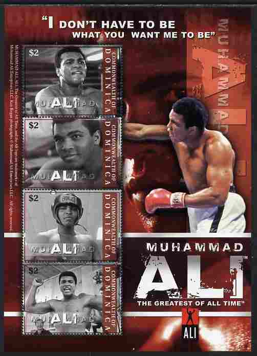 Dominica 2008 Muhammad Ali commemoration perf sheetlet of 4 x $2 unmounted mint, SG 3600a, stamps on boxing, stamps on personalities, stamps on muhammad ali