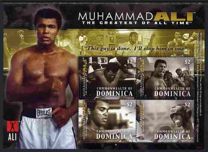 Dominica 2008 Muhammad Ali commemoration perf sheetlet of 4 x $2 unmounted mint, SG 3604a, stamps on boxing, stamps on personalities, stamps on muhammad ali