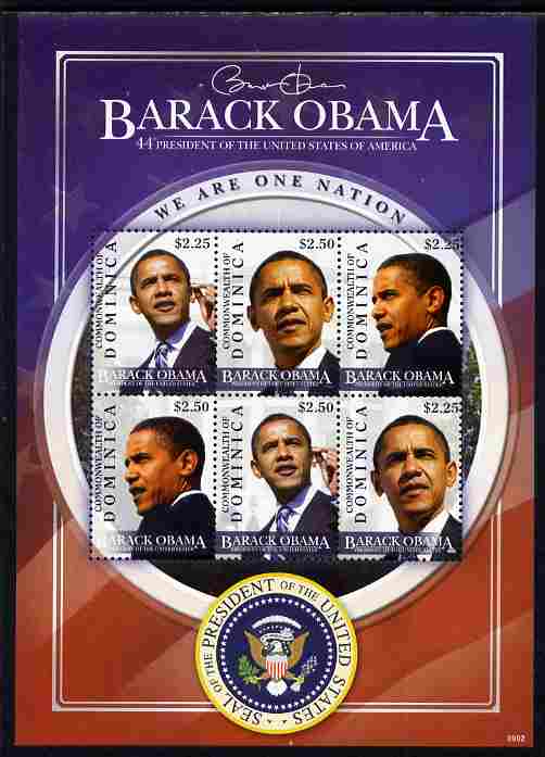 Dominica 2009 Inauguration of Pres Barack Obama perf sheetlet of 6 unmounted mint, SG MS3634, stamps on personalities, stamps on usa presidents, stamps on american, stamps on masonics, stamps on masonry, stamps on obama