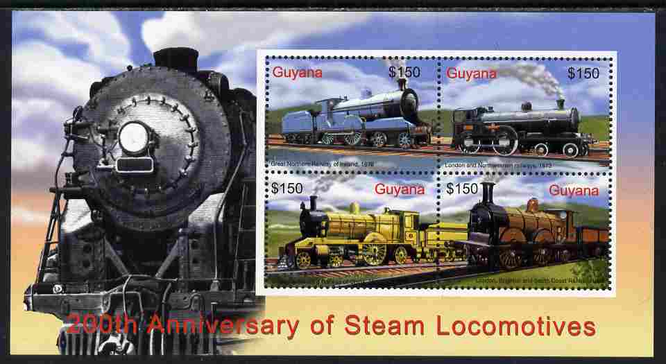 Guyana 2004 Bicentenary of Steam Locomotives perf sheetlet of 4 (Great Northern Railway, Ireland etc) unmounted mint SG MS6486c, stamps on railways