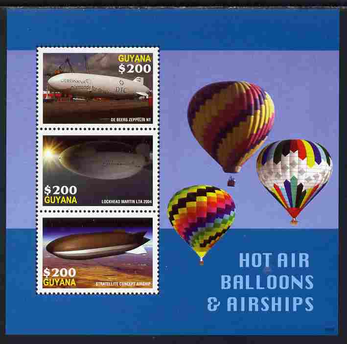 Guyana 2006 Hot Air Balloons and Airships perf sheetlet of 3 unmounted mint SG 6567a, stamps on airships, stamps on balloons