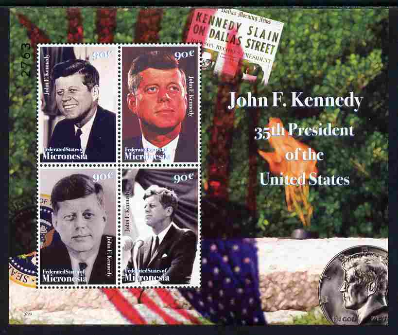 Micronesia 2008 John F Kennedy commemoration perf sheetlet of 4 unmounted mint, SG 1487a, stamps on personalities, stamps on kennedy, stamps on usa presidents, stamps on americana