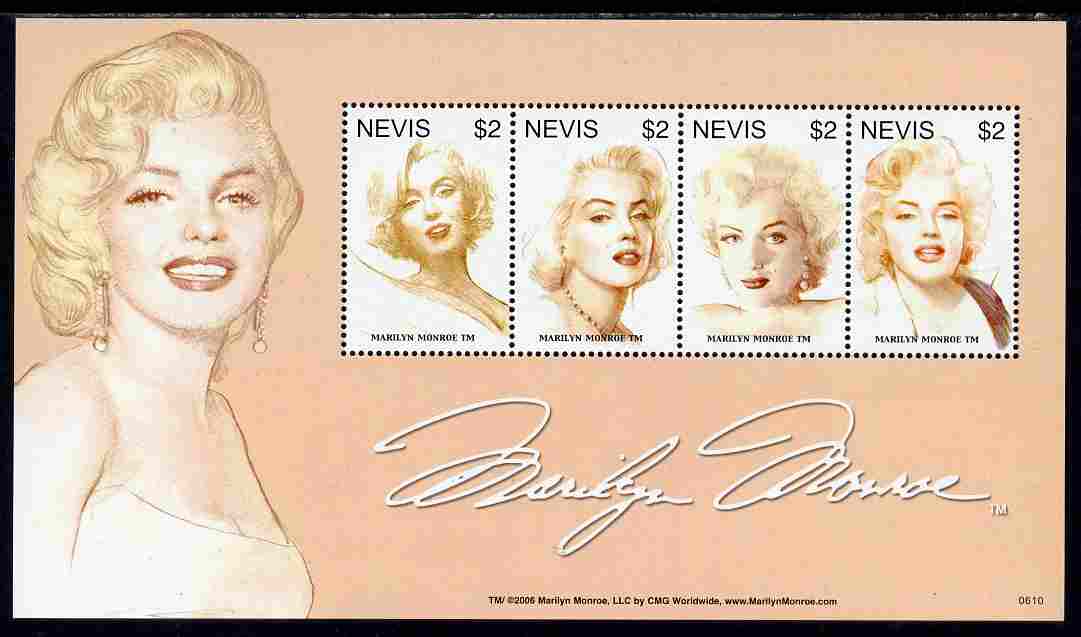 Nevis 2007 80th Birthday Anniv Marilyn Monroe perf sheetlet of 4 unmounted mint, SG 1991a, stamps on , stamps on  stamps on personalities, stamps on  stamps on films, stamps on  stamps on cinema, stamps on  stamps on movies, stamps on  stamps on music, stamps on  stamps on marilyn, stamps on  stamps on monroe