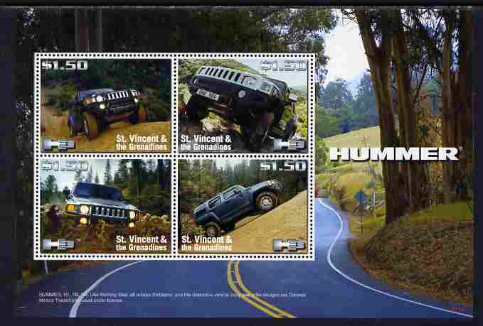St Vincent 2008 Hummer H3 perf sheetlet of 4 unmounted mint, SG 5705a, stamps on cars