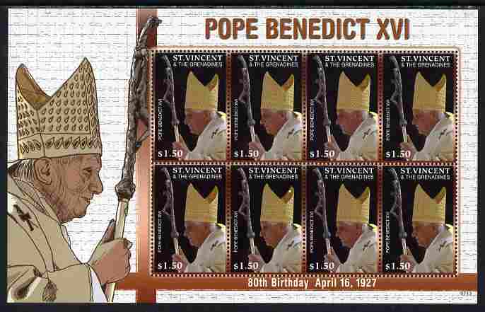 St Vincent 2007 80th Birthday Pope Benedict XVI perf sheetlet of 8 unmounted mint, SG 5676a, stamps on , stamps on  stamps on personalities, stamps on  stamps on pope, stamps on  stamps on religion, stamps on  stamps on popes