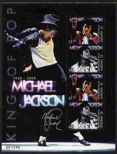 St Vincent 2009 Michael Jackson death commemoration perf sheetlet of 4 (2 x $2.25; 2 x $2.75) unmounted mint, stamps on personalities, stamps on music, stamps on jackson, stamps on michael jackson