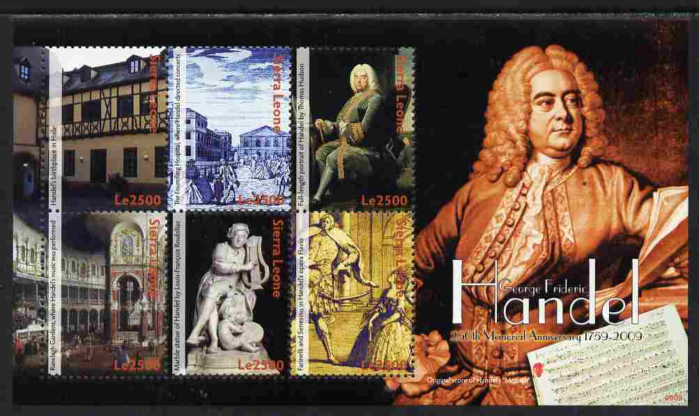 Sierra Leone 2009 250th Death Anniv of George Frideric Handel perf sheetlet of 6 unmounted mint, stamps on music, stamps on composers, stamps on handel