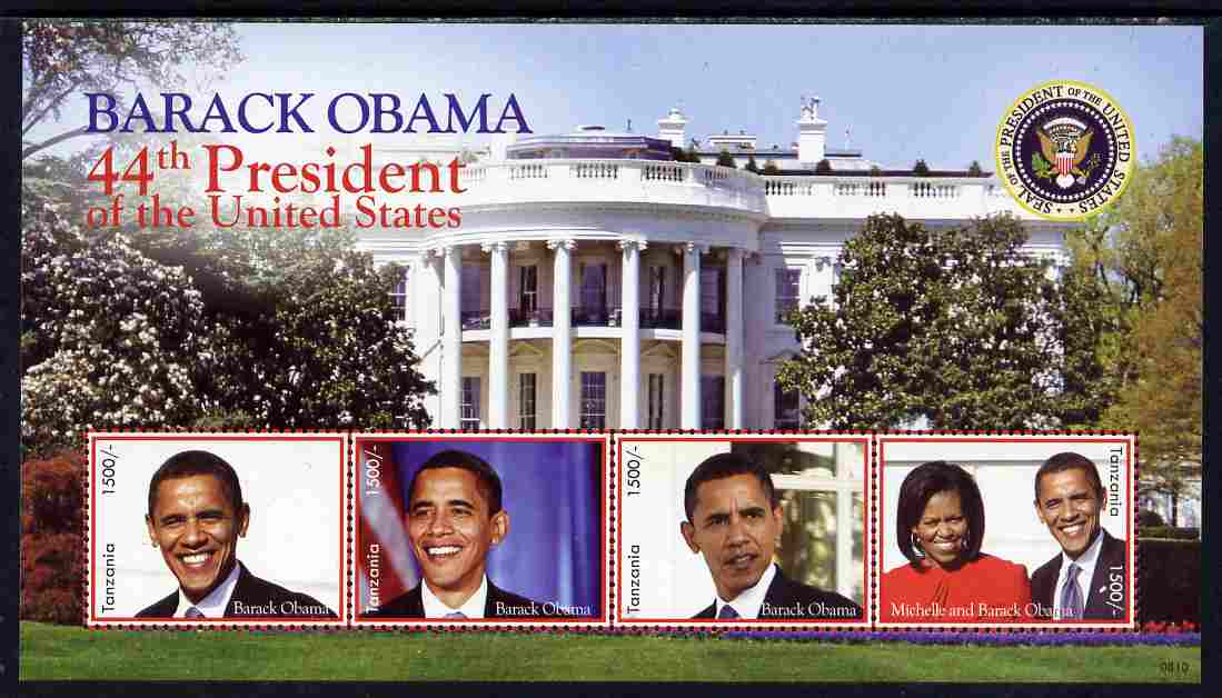 Tanzania 2009 Inauguration of Pres Barack Obama perf sheetlet of 4 unmounted mint, stamps on personalities, stamps on usa presidents, stamps on american, stamps on masonics, stamps on masonry, stamps on obama