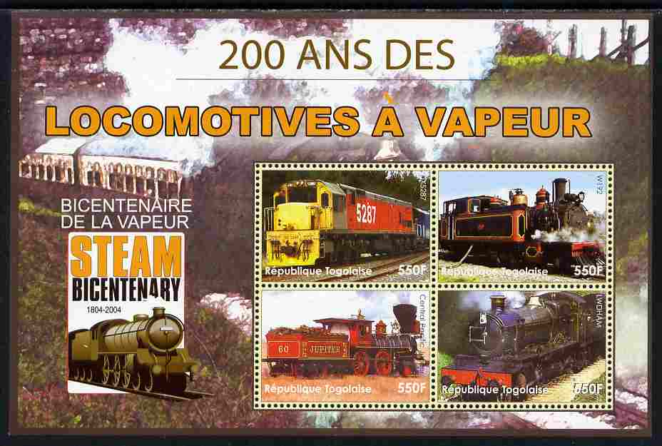 Togo 2004 Bicentenary of Steam Locomotives perf sheetlet of 4 unmounted mint. Note this item is privately produced and is offered purely on its thematic appeal, stamps on railways