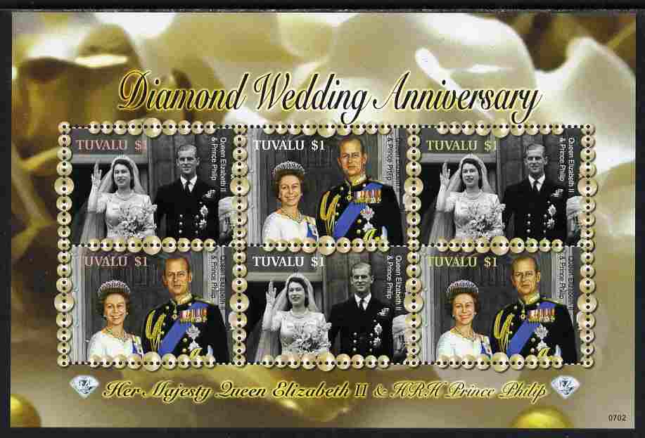 Tuvalu 2007 Diamond Wedding Anniv of Queen Elizabeth II & Duke of Edinburgh perf sheetlet of 6 unmounted mint, SG 1240a, stamps on royalty