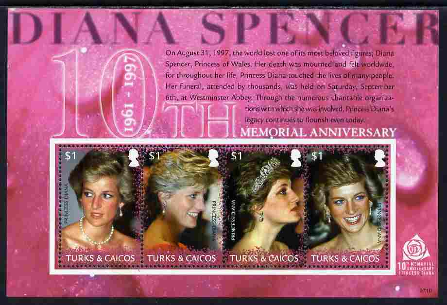Turks & Caicos Islands 2007 10th Death Anniv of Diana, Princess of Wales perf sheetlet of 4 unmounted mint, SG 1882a, stamps on personalities, stamps on diana, stamps on royalty, stamps on women