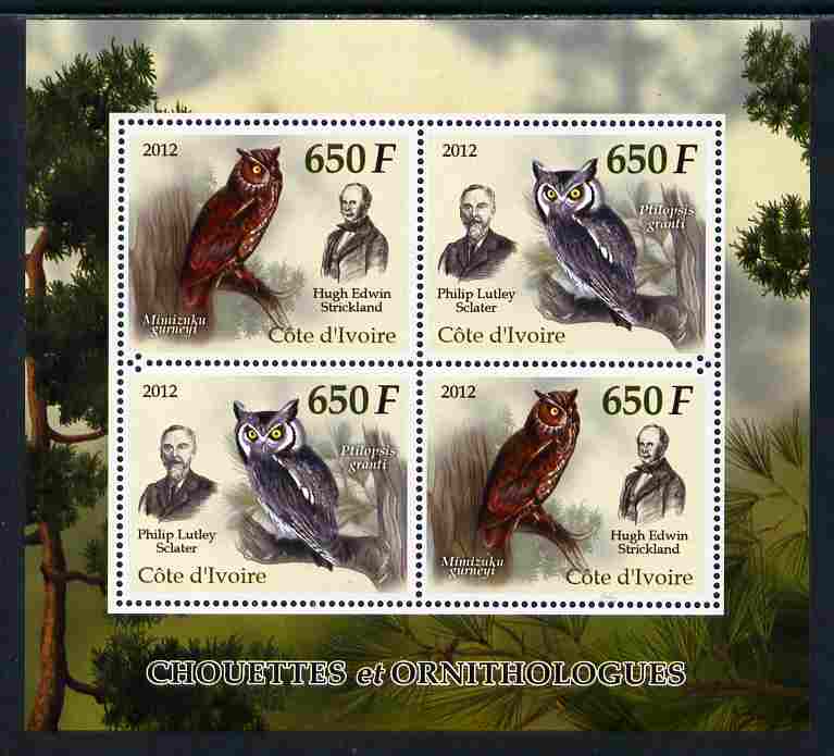 Ivory Coast 2012 Owls & Ornithologists perf sheetlet containing 4 values unmounted mint , stamps on , stamps on  stamps on birds, stamps on  stamps on birds of prey, stamps on  stamps on owls, stamps on  stamps on 