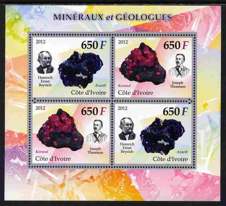 Ivory Coast 2012 Minerals & Geologists perf sheetlet containing 4 values unmounted mint , stamps on minerals