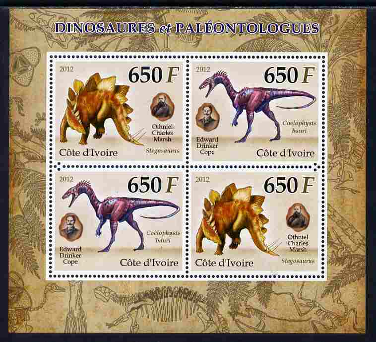 Ivory Coast 2012 Dinosaurs & Paleontologists perf sheetlet containing 4 values unmounted mint , stamps on dinosaurs
