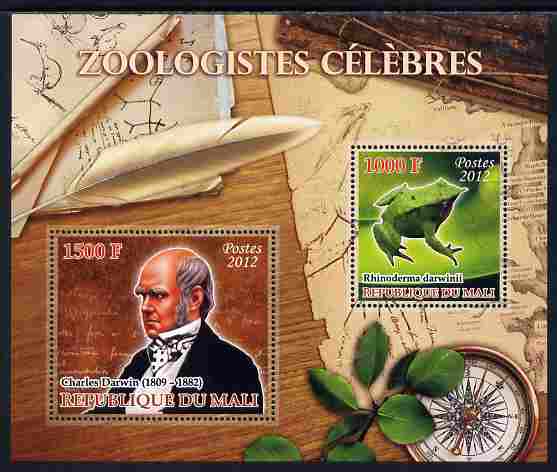Mali 2012 Zoological Celebrities - Charles Darwin large perf sheetlet containing 2 values unmounted mint, stamps on personalities, stamps on science, stamps on frogs, stamps on darwin