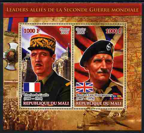 Mali 2012 Allied Leaders of WW2 - De Gaulle & Montgomery large perf sheetlet containing 2 values unmounted mint, stamps on personalities, stamps on  ww2 , stamps on militaria, stamps on flags