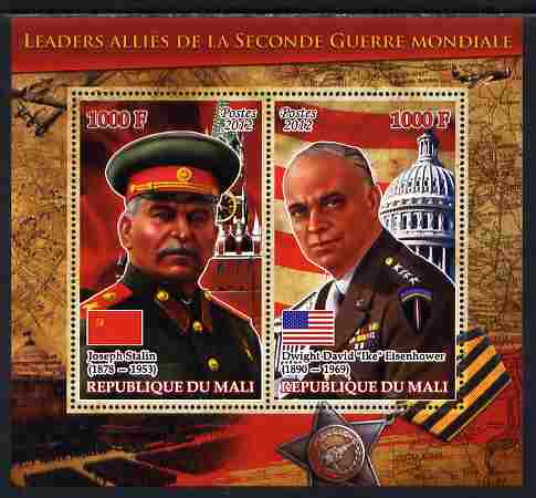 Mali 2012 Allied Leaders of WW2 - Stalin & Eisenhower large perf sheetlet containing 2 values unmounted mint, stamps on personalities, stamps on  ww2 , stamps on militaria, stamps on flags, stamps on usa presidents, stamps on americana  , stamps on dictators.