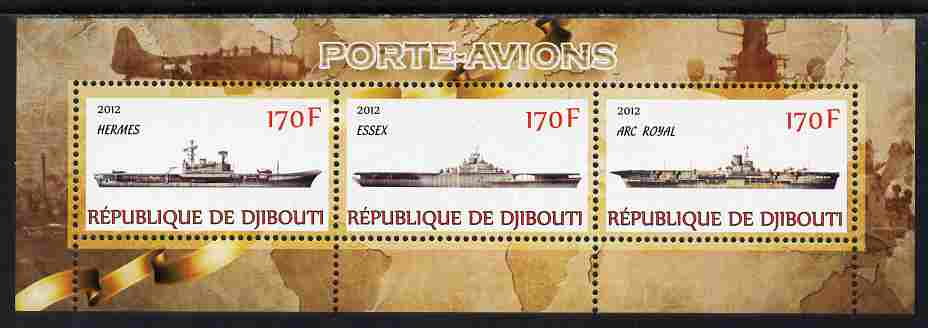 Djibouti 2012 Aircraft Carriers #1 perf sheetlet containing 3 values unmounted mint, stamps on ships, stamps on flat-tops, stamps on aviation, stamps on aircraft carriers
