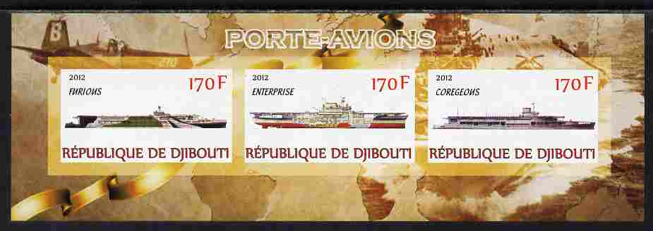 Djibouti 2012 Aircraft Carriers #2 imperf sheetlet containing 3 values unmounted mint, stamps on ships, stamps on flat-tops, stamps on aviation, stamps on aircraft carriers