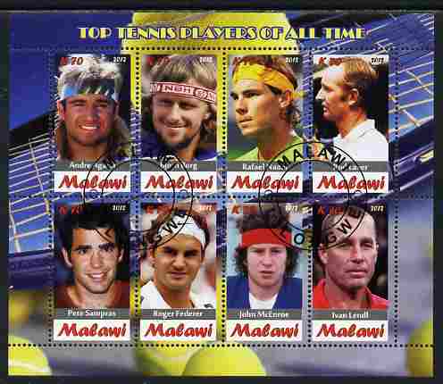 Malawi 2012 Top Tennis Players of All Time perf sheetlet containing 8 values fine cto used, stamps on personalities, stamps on sport, stamps on tennis