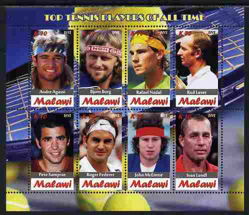 Malawi 2012 Top Tennis Players of All Time perf sheetlet containing 8 values unmounted mint, stamps on personalities, stamps on sport, stamps on tennis